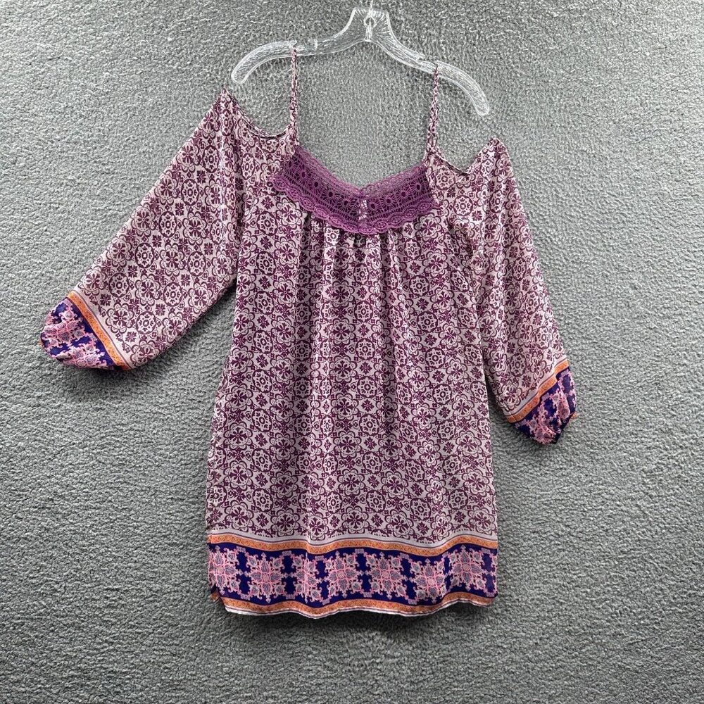 Xhilaration Womens Top Medium Purple Geometric Cold‎ Shoulder Sleeve Lined